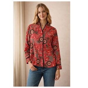Indian Block Print Cotton Boho Blouse Red Floral Mandarin Collar Size L Artisan